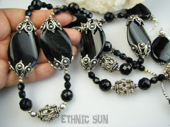 bn1640 Elegancja i Klasa bardzo dużo srebra 925 !!! Szalenie piękny Długi 105.5cm !! LŚNIĄCY LUX Naszyjnik i Kolczyki Agat Onyks Srebro 925