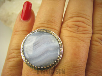 bpe6896  KORONKOWY AGAT BLUE LACE kamień spokoju i pozytywnego myślenia  STRES, CHOROBY OCZU, USZU Pierścień  r.21/ r.22 Srebro 925 #