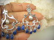 bkee1024 Tak seksowne OSZAŁAMIAJĄCO PIĘKNE kunsztowne kobiece Kusicielki !!! Ażurowe Długie 6.5 cm Kolczyki Lapis Lazuli, Perła Perły Srebro 925 - 5