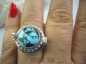 bpe4914 PRZEPIĘKNY UNIKAT NA SZCZĘŚCIE !!! SEKRETNIK Otwierany Pierścień na Zdjęcia lub Marzenia oraz Truciznę Turkus Turkusy r.20 Srebro 925 #