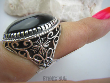 bpe4658 ONYKS W ORANŻERII !!!! Niezwykła obrączka Masywny 15 gramów !!! Pierścień Naturalny czarny ONYKS SERCE, EGZEMY,PAMIĘĆ r.15 Srebro 925 #