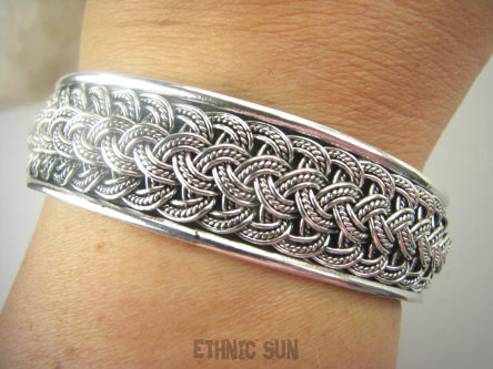 bb3737 BOSKO PIĘKNA Egzotyczne Sploty Orientalna Otwarta mocna Bardzo Wygodna Masywna 48G !! Oksydowana Bransoleta Bransoletka Bangla Cała ze srebra Srebro 925 #