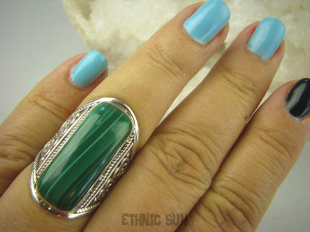 bpe6326 Duży ażurowy Pierścień MALACHIT - pobudza kreatywność r.16 Srebro 925 # 