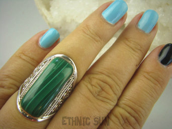 bpe6326 Duży ażurowy Pierścień MALACHIT - pobudza kreatywność r.16 Srebro 925 # 