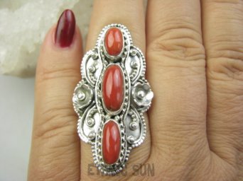 bpe9647 UFF CO ZA KORALOWA PIĘKNOŚĆ-Rzadkość Magnetyzujący Talizman przyciąga Szczęscie i Sukces!!!! Długi 4.3 cm ! Orientalny Pierścień Duży Pierścionek naturalny KORAL r.19 Srebro 925 #