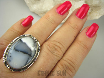 bpe6864 ŚNIEŻNY ZIMOWY KRAJOBRAZ !!! Przepiękny Pierścień AGAT DENDRYTOWY r.23 Srebro 925 #