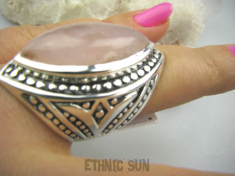 bpe4262 Biżuteria Orientalna - OLBRZYM Masywny 23 gramy !!! Pierścień naturalny Kwarc Różowy - kamień mocnego serca r.21 Szeroka, Masywna Obrączka Srebro 925 #