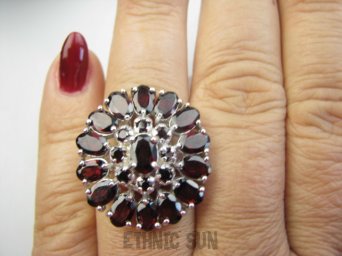 bpee4535 Prawdziwa Klasa i Elegancja namiętne bordowe Granaty PIĘKNA Lśniąca Kopuła Pierścień Pierścionek  r.14/r.15 SREBRO RODOWANE 925 #