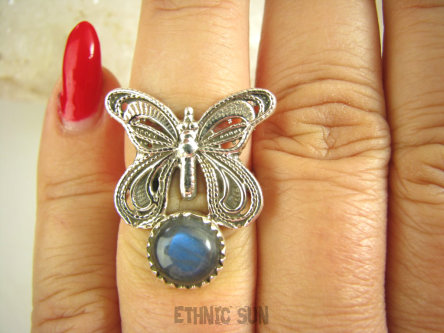 bpe9037 CUDO FILIGRAN! Ażurowy MOTYL - Symbol Miłości Szczęścia i Radości Pierścień, Pierścionek  Labradoryt Spektrolit r.14 Srebro 925