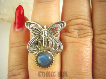 bpe9037 CUDO FILIGRAN! Ażurowy MOTYL - Symbol Miłości Szczęścia i Radości Pierścień, Pierścionek  Labradoryt Spektrolit r.14 Srebro 925