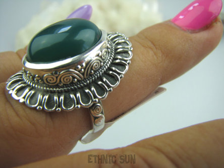 bpe5000 OKSYDOWANY MELONIK  !!!  Duży i Piękny OKAZ Pierścień zielony ONYKS regeneruje SERCE, EGZEMY, PAMIĘĆ r.14 Srebro 925 #