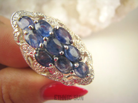 bpee4152 Długi Lśniący Pierścień Pierścionek naturalny Kianit (Kyanit) oraz Cyrkonie r.14 SREBRO RODOWANE 925 #