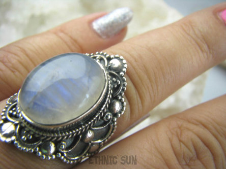 bpe5959 Kunsztowny Pierścień niebieski biały KAMIEŃ KSIĘŻYCOWY r.18 egzotyczne Srebro 925 #