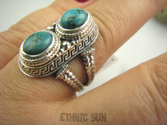 bpe4354 Cudny PIERŚCIEŃ Greckie wzory naturalny TURKUS - opiekun ciała i duszy Turkusy r.21 Srebro 925 #