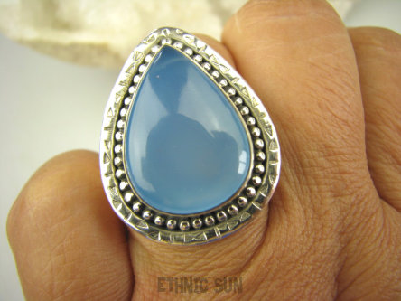 bpe7932 Błękitne Cacko DUŻY Niebieski WSPANIAŁY Pierścień CHALCEDON (TARCZYCA) r.16 egzotycznie zdobione Srebro 925 #