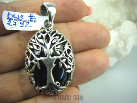 bwe2792 Cudowne pękate DRZEWO ŻYCIA - symbol nieśmiertelności !!!! PRZEPIĘKNY ORIENTALNY Wisior czarny Onyks Srebro 925 #