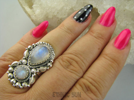 bpe9499 FENOMENALNY Czarodziejsko Piękny Długi 3.4cm Pierścionek Pierścień mieniący Kamień Księżycowy r.16 Srebro 925 #