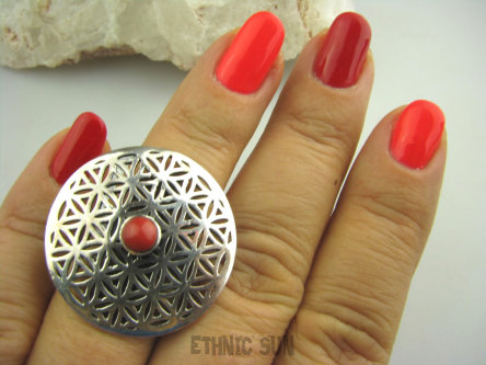 bpe4093 Duży obracający się KWIAT ŻYCIA - SILNY AMULET OCHRONNY !!!! Ażurowy Pierścień naturalny KORAL r.14 SREBRO 925 #