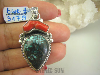 bwe3179 Biżuteria egzotyczna z Nepalu !!! Masywny Wisior zawieszka turkusowy naturalny TURKUS czerwony Koral Gałązka Turkusy Srebro 925 #