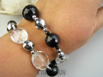 bb3918 Luksusowa Podwójna Bransoleta na SZERSZĄ  dłoń Bransoletka Onyks, Hematyt, Kryształki niczym Swarovski Srebro 925