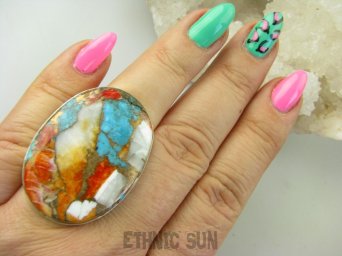 bpe8850 Wielobarwny Duży 3,8cm/ 2,8cm Pierścień OSTRYGOWY TURKUS MIEDZIANY TOSTRYGA Muszla złota MIEDZ r.17 Srebro 925 #