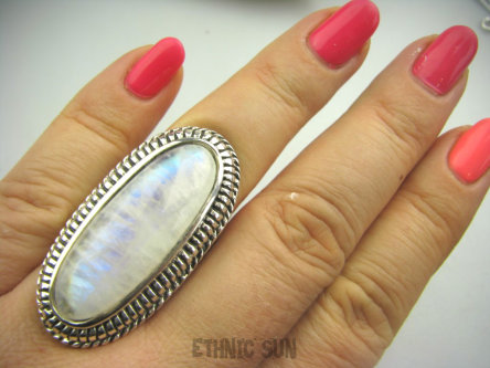 bpe4218 DŁUGI Gigant 4,3 cm Masywny 22 gramy ORIENTALNY Cudo Pierścień Wielobarwny Kamień Księżycowy r.22 Srebro 925 #