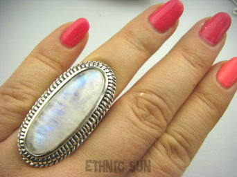 bpe4218 DŁUGI Gigant 4,3 cm Masywny 22 gramy ORIENTALNY Cudo Pierścień Wielobarwny Kamień Księżycowy r.22 Srebro 925 #