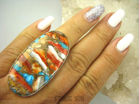 bpe8120  Woow Wielobarwny podłużny OLBRZYM aż 5 cm/ 2,5 cm Pierścień 20G !OSTRYGOWY TURKUS MIEDZIANY TOSTRYGA Muszla złota MIEDZ r.19 Srebro 925 #