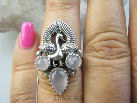 bpe9247 Piękny Pierścień Pierscionek Królewski Paw oraz Kwarc Różowy - kamień mocnego serca r.15 Srebro 925 #