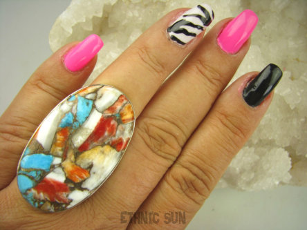 bpe8100 Wielobarwny Gigant 4.2 cm/ 2,5 cm Pierścień OSTRYGOWY TURKUS MIEDZIANY OSTRYGA Muszla złota MIEDZ r.19 Srebro 925 #