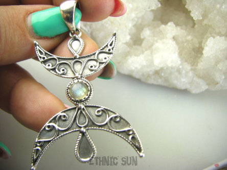 bwe3610 Półksiężyc symbol Kobiecości !!! Niesamowity Długi 5.8 cm Wisior Zawieszka Labradoryt Spektrolit SREBRO 925 #