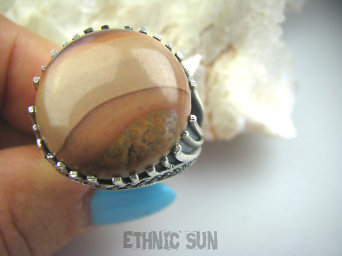 bpe5278 Czekoladowa piękność !!! MAROKAŃSKI Pierścień KOJĄCY JASPIS MOKAIT - kamień antystresowy r.21/ r.22 MAROKO Srebro 925 #