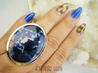 bpe9684 Niezwykły GIGANT 30g ! Klasyczny Regulowany Pierścień Pierścionek Granatowy SODALIT - DOBRA PRZEMIANA MATERII r.17, r.18, r.19, r.20 Srebro 925 #