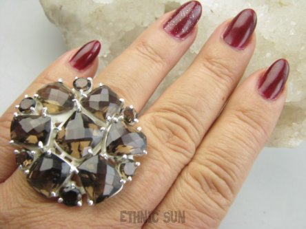 bpee4564 KRÓLEWSKI CZEKOLADOWY KLEJNOT - Śliczny DUŻY OKAZ 21g !!! Piękny Lśniący Pierścień Pierścionek Kwarc Dymny r.16 Srebro 925 #