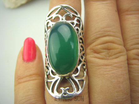 bpe4224 Biżuteria Orientalna !!!Mały rozmiar szczuple palce   NIEWIARYGODNIE PIĘKNY 4cm  Duży Długi Ażurowy  Pierścień Onyks zielony  r.12 Mały Rozmiar Srebro 925 #