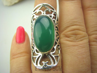 bpe4224 Biżuteria Orientalna !!!Mały rozmiar szczuple palce   NIEWIARYGODNIE PIĘKNY 4cm  Duży Długi Ażurowy  Pierścień Onyks zielony  r.12 Mały Rozmiar Srebro 925 #
