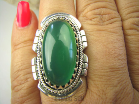 bpe7837 PIĘKNY OKAZ !!!  Duży i śliczny Pierścień Zielony ONYKS regeneruje SERCE, EGZEMY, PAMIĘĆ r.18 Srebro 925 #