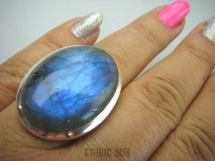 bpe5951 Prześliczny Grubas 19 g ! Klasyczny OKAZ Pierścień Niebieski Labradoryt Spektrolit kamień odwagi r.18 Lśniące Srebro 925 #