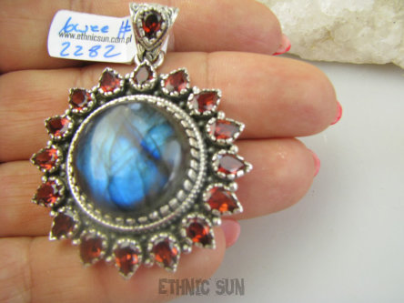 bwee2282 DUŻY 21 gramów LUKSUSOWY Wisior Słońce !!! Kunsztowny Wisior Labradoryt Spektrolit Granaty Srebro 925 #