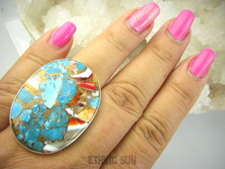 bpe9268 Wielobarwny Duży 18g Pierścień Pierścionek OSTRYGOWY TURKUS MIEDZIANY TOSTRYGA Muszla złota MIEDZ r.18 Srebro 925 #