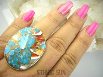 bpe9268 Wielobarwny Duży 18g Pierścień Pierścionek OSTRYGOWY TURKUS MIEDZIANY TOSTRYGA Muszla złota MIEDZ r.18 Srebro 925 #