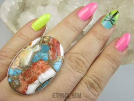 bpe9564 Wielobarwny Duży 4cm/ 2.6cm Pierścień Pierścionek OSTRYGOWY TURKUS MIEDZIANY OSTRYGA Muszla złota MIEDZ r.17 Srebro 925 #