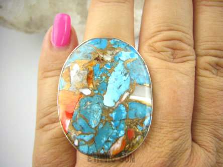 bpe9270 Wielobarwny Duży 19g Pierścień Pierścionek OSTRYGOWY TURKUS MIEDZIANY TOSTRYGA Muszla złota MIEDZ r.20 Srebro 925 #