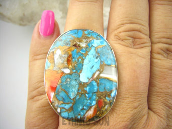 bpe9270 Wielobarwny Duży 19g Pierścień Pierścionek OSTRYGOWY TURKUS MIEDZIANY TOSTRYGA Muszla złota MIEDZ r.20 Srebro 925 #