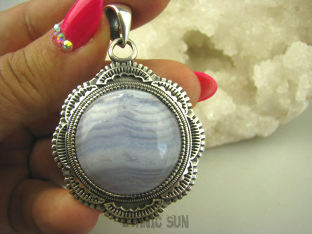 bwe2832 Piękny OKAZ Wisior KORONKOWY AGAT BLUE LACE  - kamień spokoju i pozytywnego myślenia idealny na STRES, CHOROBY OCZU, USZU UKOJENIE DUSZY, Maroko, Marokańskie Wzornictwo Srebro 925 #
