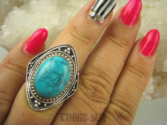 bpe6260 Biżuteria Egzotyczna !!! Kunsztowny Niesamowity Pierścień Turkusowy Howlit r.14 orientalne Srebro 925 #