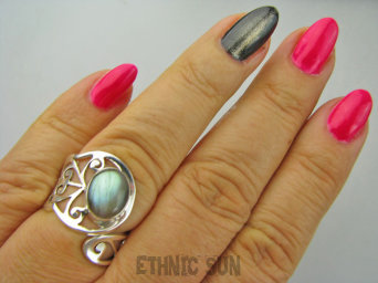 bpe9317 MAX BLASK Niezwykły Ażurowy Regulowany Pierścień Pierścionek naturalny Labradoryt Spektrolit r.14, r.15, r.16, r.17 szeroka obrączka Srebro 925