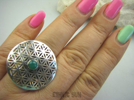 bpe6206 Obracający się KWIAT ŻYCIA - SILNY AMULET OCHRONNY !!!! Ażurowy Pierścień Zielony Onyks r.20 SREBRO 925 #