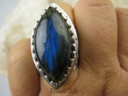 bpe6509 Masywny Pierścień XXL  naturalny czarno- Granatowy Labradoryt Spektrolit r.17 Srebro 925 #