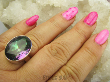 bpee4699 Śliczny Duży kamień TĘCZOWY Pierścionek PIERŚCIEŃ WIELOBARWNY MYSTIC TOPAZ r.21 lśniące Srebro 925 #